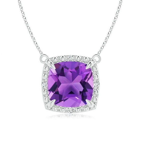 ANGARA Natural Claw-Set Cushion 2.2 ct Amethyst Beaded Halo Necklace in 14K White Gold for Women (Size-8mm) | February Birthstone, Anniversary, Jewelry Gift for Women | Natural Amethyst Necklace