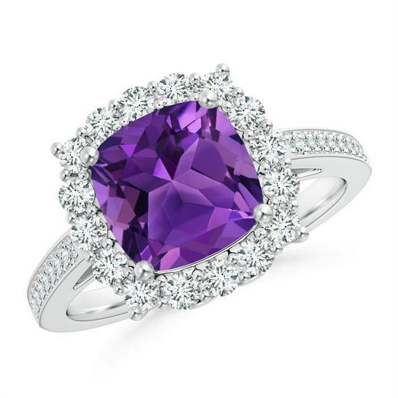 ANGARA Natural Cushion 2.2 ct Amethyst Cocktail Ring with Diamond Halo in 14K White Gold for Women (Size-8mm) | February Birthstone, Anniversary, Jewelry Gift for Women | Natural Amethyst Ring