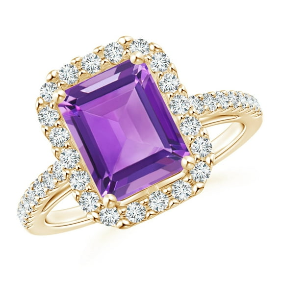 ANGARA Natural Emerald-Cut 2.2 ct Amethyst Halo Ring in 14K Yellow Gold for Women (Size-9x7mm) | February Birthstone, Birthday, Anniversary, Jewelry Gift for Women | Natural Amethyst Ring