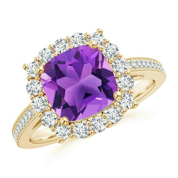 ANGARA Natural Cushion 2.2 ct Amethyst Cocktail Ring with Diamond Halo in 14K Yellow Gold for Women (Size-8mm) | February Birthstone, Anniversary, Jewelry Gift for Women | Natural Amethyst Ring