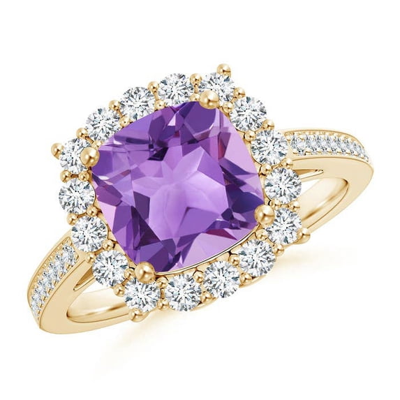 ANGARA Natural Cushion 2.2 ct Amethyst Cocktail Ring with Diamond Halo in 14K Yellow Gold for Women (Size-8mm) | February Birthstone, Anniversary, Jewelry Gift for Women | Natural Amethyst Ring