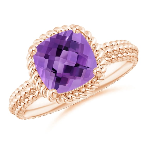 ANGARA Natural 2.2 ct Amethyst Beaded Shank Ring with Twisted Wire Halo in 14K Rose Gold for Women (Size-8mm) | February Birthstone, Anniversary, Jewelry Gift for Women | Natural Amethyst Ring