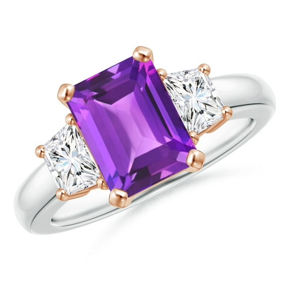 ANGARA Natural 2.2 ct Amethyst and Diamond Three Stone Ring in 14K White & Rose Gold for Women (Size-9x7mm) | February Birthstone, Anniversary, Jewelry Gift for Women | Natural Amethyst Ring