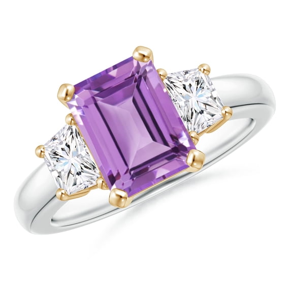 ANGARA Natural 2.2 ct Amethyst and Diamond Three Stone Ring in 14K White & Yellow Gold for Women (Size-9x7mm) | February Birthstone, Anniversary, Jewelry Gift for Women | Natural Amethyst Ring