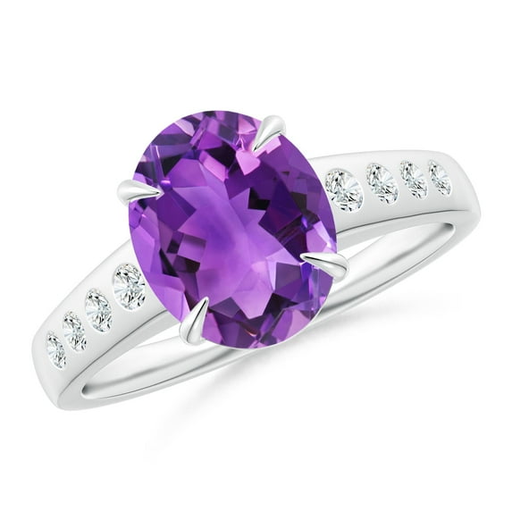 ANGARA Natural Oval 2.28 ct Amethyst Ring with Flush-Set Diamonds in 14K White Gold for Women (Size-10x8mm) | February Birthstone, Anniversary, Jewelry Gift for Women | Natural Amethyst Ring