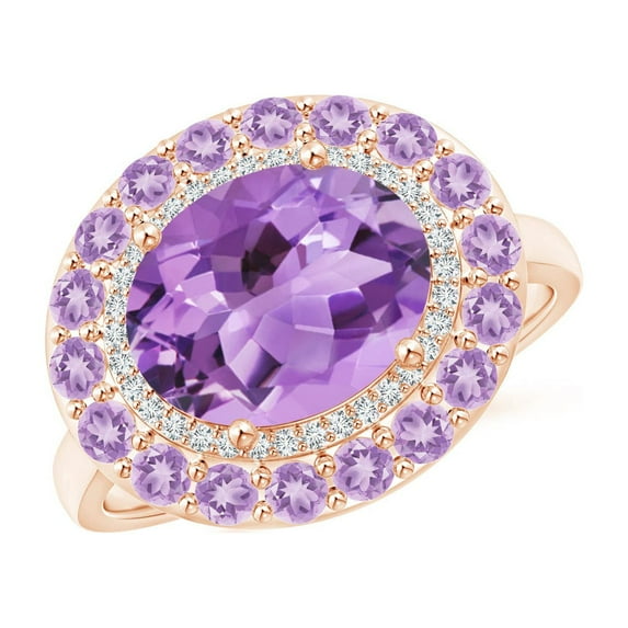ANGARA Natural Sideways Oval 2.28 ct Amethyst Double Halo Cocktail Ring in 14K Rose Gold for Women (Size-10x8mm) | February Birthstone, Anniversary, Jewelry Gift for Women | Natural Amethyst Ring
