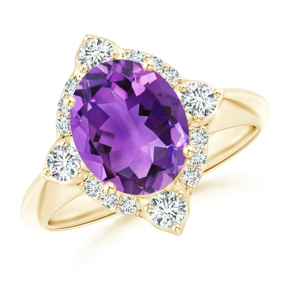 ANGARA Natural Oval 2.28 ct Amethyst Compass Ring with Diamond Halo in 14K Yellow Gold for Women (Size-10x8mm) | February Birthstone, Anniversary, Jewelry Gift for Women | Natural Amethyst Ring