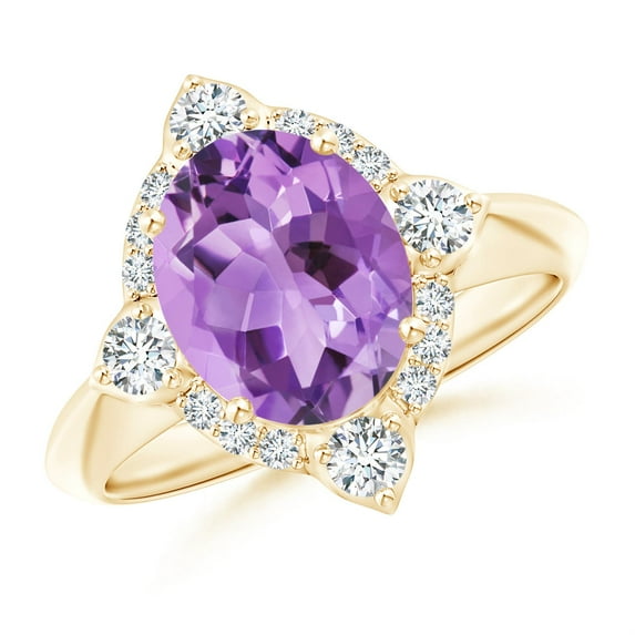ANGARA Natural Oval 2.28 ct Amethyst Compass Ring with Diamond Halo in 14K Yellow Gold for Women (Size-10x8mm) | February Birthstone, Anniversary, Jewelry Gift for Women | Natural Amethyst Ring