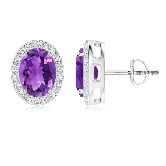 ANGARA Natural Oval 2.3 ct Amethyst Studs with Diamond Halo in 14K White Gold for Women (Size-8x6mm) | February Birthstone, Birthday, Anniversary, Jewelry Gift for Women | Natural Amethyst Earrings