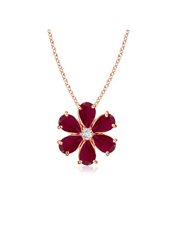 Natural 2.4 ct Ruby Flower Cluster Pendant with Diamond in 14K Rose Gold for Women (Size-6x4mm) | July Birthstone, Birthday, Anniversary, Jewelry Gift for Women | Natural Ruby Necklace
