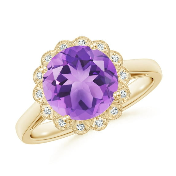 ANGARA Natural 2.45 ct Amethyst Scalloped Halo Ring in 14K Yellow Gold for Women (Size-9mm) | February Birthstone, Birthday, Anniversary, Jewelry Gift for Women | Natural Amethyst Ring