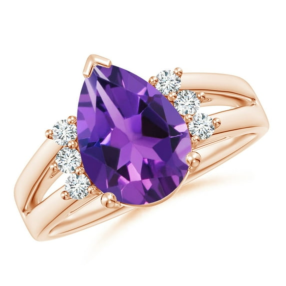 ANGARA Natural Pear 2.6 ct Amethyst Ring with Triple Diamond Accents in 14K Rose Gold for Women (Size-12x8mm) | February Birthstone, Anniversary, Jewelry Gift for Women | Natural Amethyst Ring