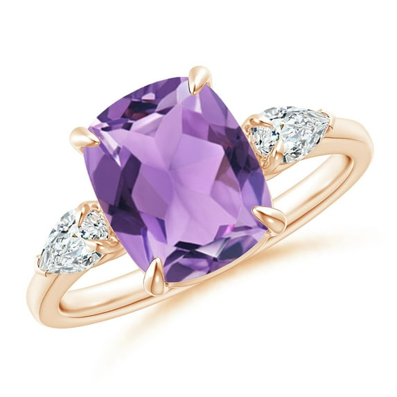 ANGARA Natural Cushion 2.7 ct Amethyst Three Stone Ring with Diamonds in 14K Rose Gold for Women (Size-10x8mm) | February Birthstone, Anniversary, Jewelry Gift for Women | Natural Amethyst Ring