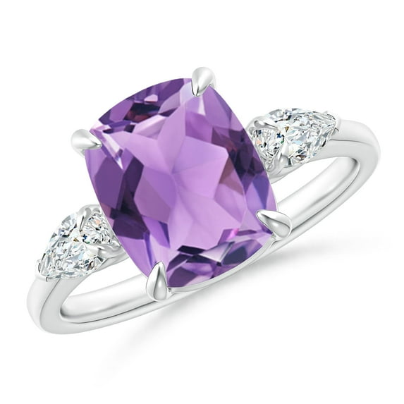 ANGARA Natural Cushion 2.7 ct Amethyst Three Stone Ring with Diamonds in 14K White Gold for Women (Size-10x8mm) | February Birthstone, Anniversary, Jewelry Gift for Women | Natural Amethyst Ring