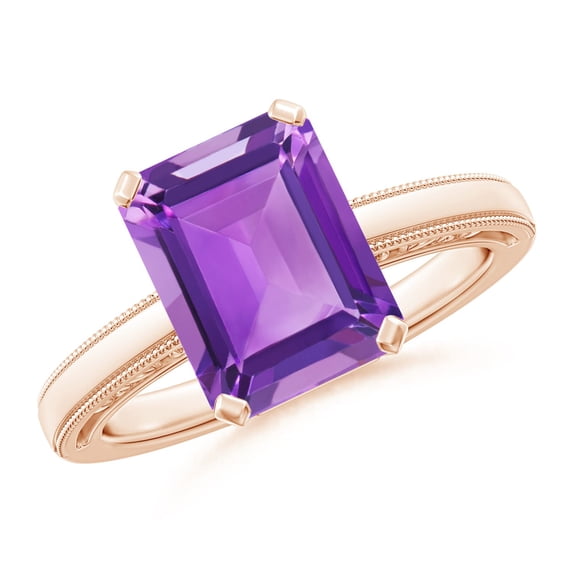 ANGARA Natural Emerald Cut 2.9 ct Amethyst Solitaire Ring with Milgrain in 14K Rose Gold for Women (Size-10x8mm) | February Birthstone, Anniversary, Jewelry Gift for Women | Natural Amethyst Ring
