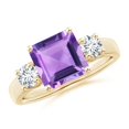 thumbnail image 1 of ANGARA Natural Square Emerald-Cut 2 ct Amethyst and Diamond Three Stone Ring in 14K Yellow Gold for Women (Size-8mm) | February Birthstone, Anniversary, Jewelry Gift for Women | Natural Amethyst Ring, 1 of 8