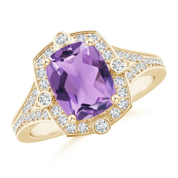 ANGARA Natural Inspired Cushion 2 ct Amethyst Ring with Diamond Halo in 14K Yellow Gold for Women (Size-9x7mm) | February Birthstone, Anniversary, Jewelry Gift for Women | Natural Amethyst Ring