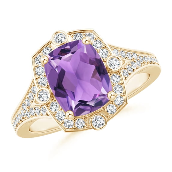 ANGARA Natural Inspired Cushion 2 ct Amethyst Ring with Diamond Halo in 14K Yellow Gold for Women (Size-9x7mm) | February Birthstone, Anniversary, Jewelry Gift for Women | Natural Amethyst Ring