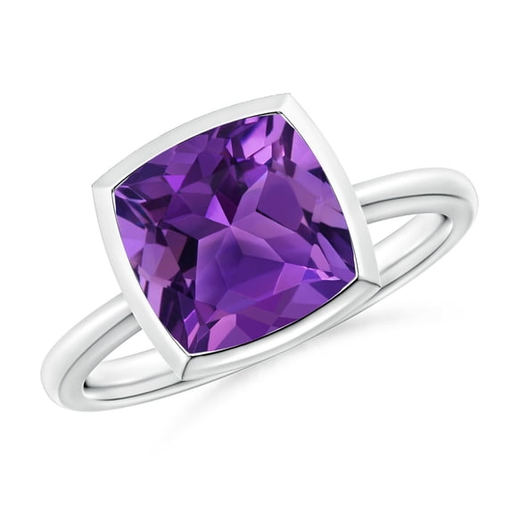 ANGARA Natural Bezel-Set Solitaire Cushion 3.1 ct Amethyst Ring in 14K White Gold for Women (Size-9mm) | February Birthstone, Birthday, Anniversary, Jewelry Gift for Women | Natural Amethyst Ring