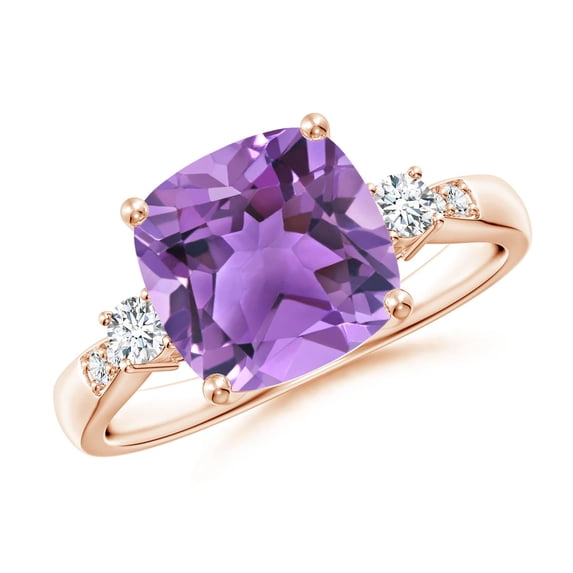 ANGARA Natural Cushion 3.1 ct Amethyst Solitaire Ring with Diamond Accents in 14K Rose Gold for Women (Size-9mm) | February Birthstone, Anniversary, Jewelry Gift for Women | Natural Amethyst Ring