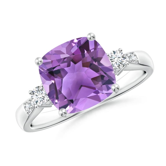 ANGARA Natural Cushion 3.1 ct Amethyst Solitaire Ring with Diamond Accents in 14K White Gold for Women (Size-9mm) | February Birthstone, Anniversary, Jewelry Gift for Women | Natural Amethyst Ring