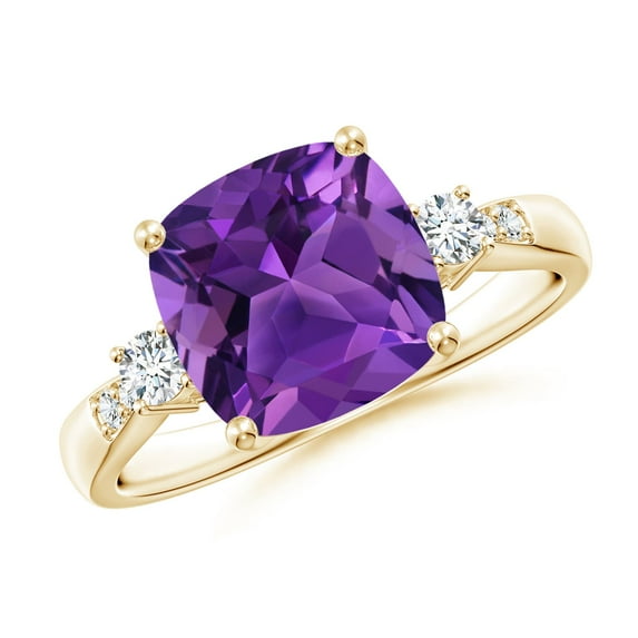 ANGARA Natural Cushion 3.1 ct Amethyst Solitaire Ring with Diamond Accents in 14K Yellow Gold for Women (Size-9mm) | February Birthstone, Anniversary, Jewelry Gift for Women | Natural Amethyst Ring