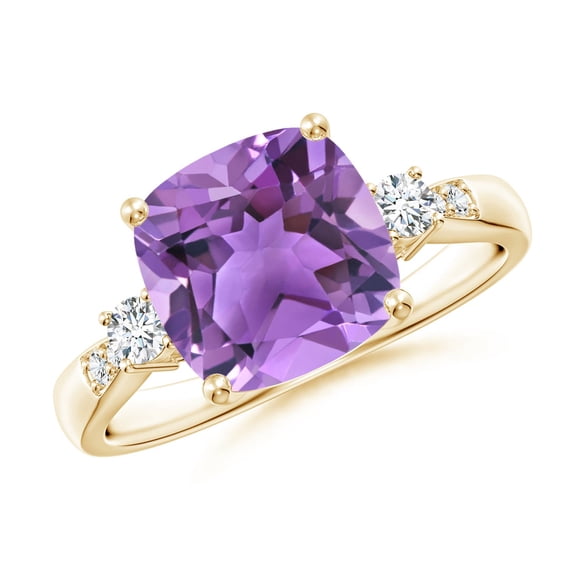 ANGARA Natural Cushion 3.1 ct Amethyst Solitaire Ring with Diamond Accents in 14K Yellow Gold for Women (Size-9mm) | February Birthstone, Anniversary, Jewelry Gift for Women | Natural Amethyst Ring