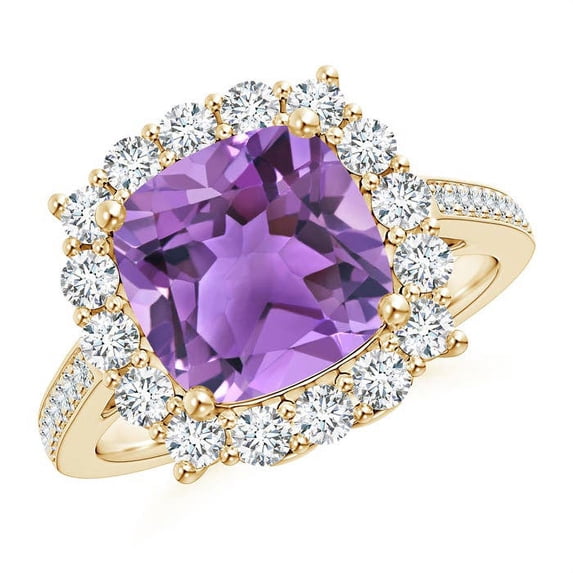 ANGARA Natural Cushion 3.1 ct Amethyst Cocktail Ring with Diamond Halo in 14K Yellow Gold for Women (Size-9mm) | February Birthstone, Anniversary, Jewelry Gift for Women | Natural Amethyst Ring