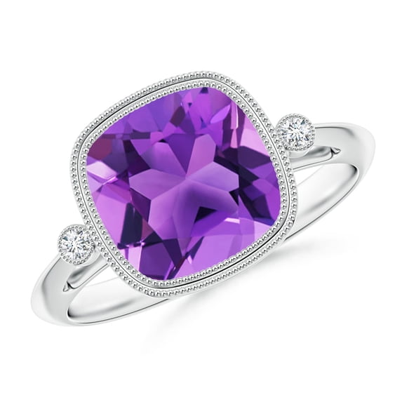 ANGARA Natural Bezel Set Cushion 3.1 ct Amethyst Ring with Milgrain Detailing in 14K White Gold for Women (Size-9mm) | February Birthstone, Anniversary, Jewelry Gift for Women | Natural Amethyst Ring