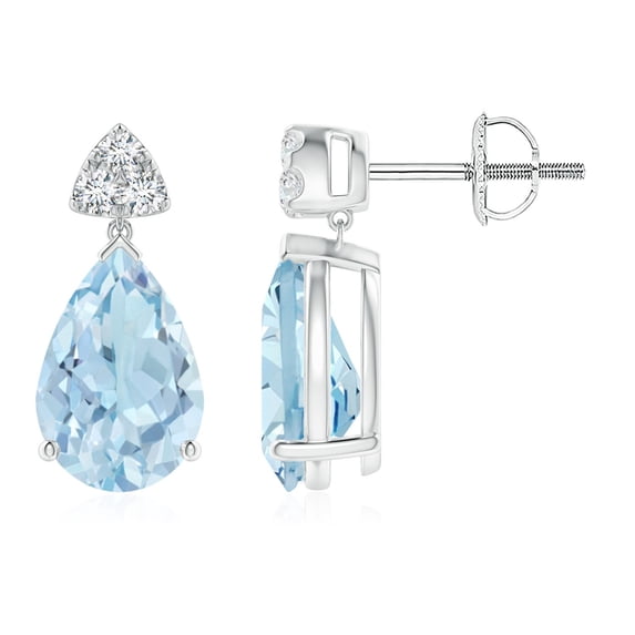 ANGARA Natural 3.2 ct Aquamarine Drop Earrings with Trio Diamonds in 14K White Gold for Women (Size-10x7mm) | March Birthstone, Anniversary, Jewelry Gift for Women | Natural Aquamarine Earrings