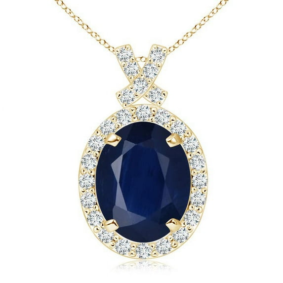 ANGARA Natural 3.3 Ct Sapphire Pendant with Diamond Halo in 14K Yellow Gold for Women (Size-10x8mm) | September Birthstone, Anniversary, Jewelry Gift for Women | Natural Blue Sapphire Necklace