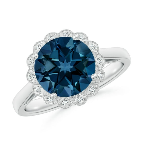 ANGARA Natural 3.3 ct London Blue Topaz Scalloped Halo Ring in 14K White Gold for Women (Size-9mm) | November Birthstone, Anniversary, Jewelry Gift for Women | Natural London Blue Topaz Ring