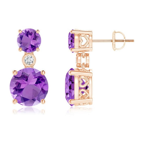 ANGARA Natural 3.4 ct Amethyst Two Stone Drop Earrings with Bezel Diamond in 14K Rose Gold for Women (Size-8mm) | February Birthstone, Anniversary, Jewelry Gift for Women | Natural Amethyst Earrings