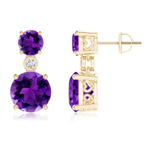 ANGARA Natural 3.4 ct Amethyst Two Stone Drop Earrings with Bezel Diamond in 14K Yellow Gold for Women (Size-8mm) | February Birthstone, Anniversary Jewelry Gift for Women | Natural Amethyst Earrings