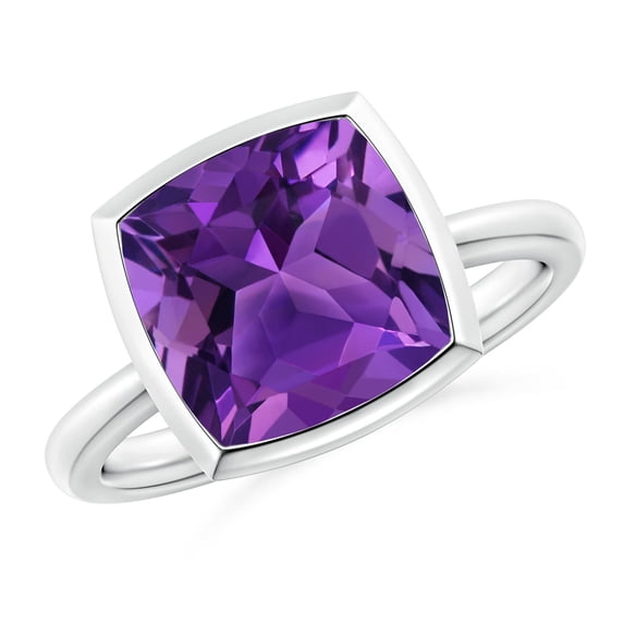 ANGARA Natural Bezel-Set Solitaire Cushion 3.65 ct Amethyst Ring in 14K White Gold for Women (Size-10mm) | February Birthstone, Birthday, Anniversary, Jewelry Gift for Women | Natural Amethyst Ring