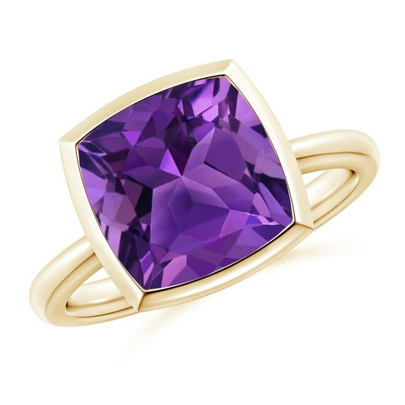 ANGARA Natural Bezel-Set Solitaire Cushion 3.65 ct Amethyst Ring in 14K Yellow Gold for Women (Size-10mm) | February Birthstone, Birthday, Anniversary, Jewelry Gift for Women | Natural Amethyst Ring
