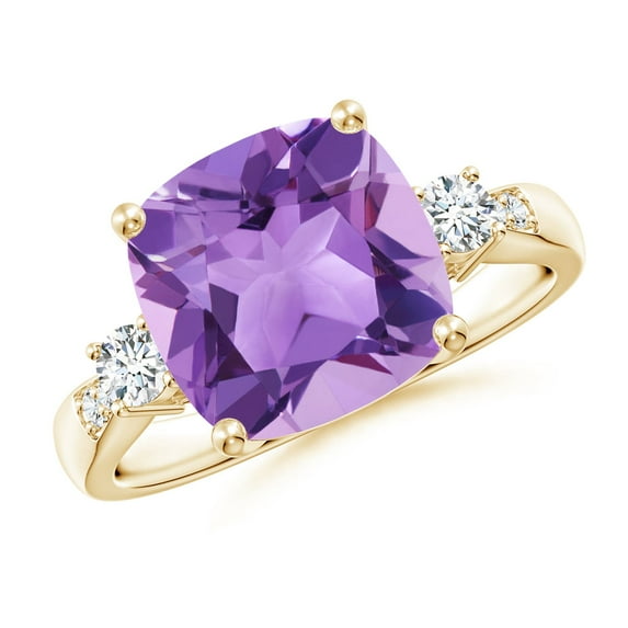 ANGARA Natural Cushion 3.65 ct Amethyst Solitaire Ring with Diamond Accents in 14K Yellow Gold for Women (Size-10mm) | February Birthstone, Anniversary, Jewelry Gift for Women | Natural Amethyst Ring