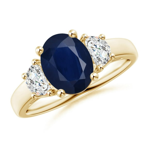 ANGARA Natural 3 Stone Oval 2 ct Blue Sapphire and Half Moon Diamond Ring in 14K Yellow Gold for Women (Size-9x7mm) | September Birthstone, Anniversary, Jewelry Gift for Women | Natural Sapphire Ring