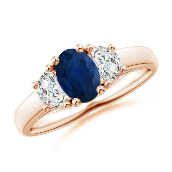 ANGARA Natural 3 Stone Oval Blue Sapphire and Half Moon Diamond Ring in 14K Rose Gold for Women (Size-7x5mm) | September Birthstone, Anniversary, Jewelry Gift for Women | Natural Blue Sapphire Ring