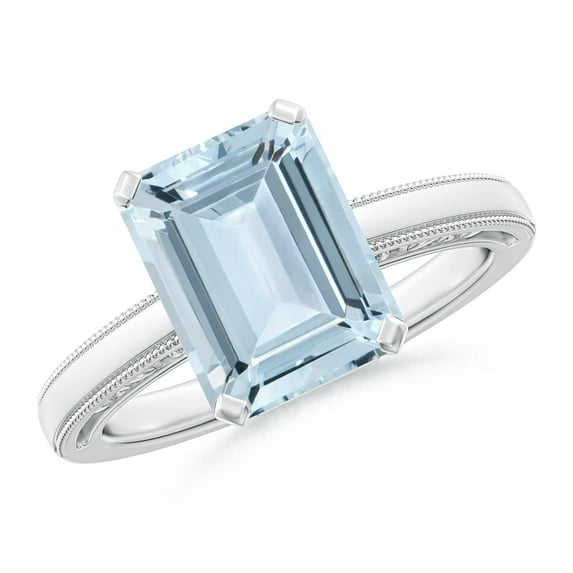 ANGARA Natural 3 ct Aquamarine Solitaire Engagement Ring with Milgrain in 14K White Gold for Women (Size-10x8mm) | March Birthstone, Anniversary, Jewelry Gift for Women | Natural Aquamarine Ring
