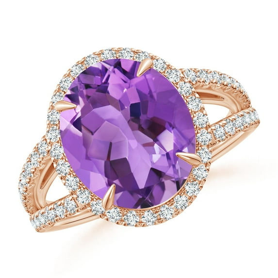 ANGARA Natural Oval 4.3 ct Amethyst Split Shank Ring with Halo in 14K Rose Gold for Women (Size-12x10mm) | February Birthstone, Birthday, Anniversary, Jewelry Gift for Women | Natural Amethyst Ring