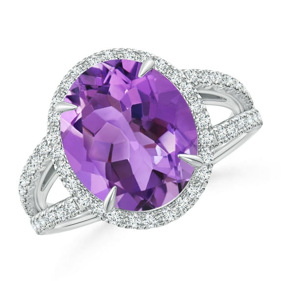 ANGARA Natural Oval 4.3 ct Amethyst Split Shank Ring with Halo in 14K White Gold for Women (Size-12x10mm) | February Birthstone, Birthday, Anniversary, Jewelry Gift for Women | Natural Amethyst Ring
