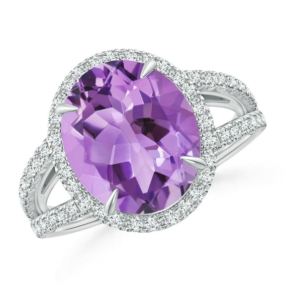 ANGARA Natural Oval 4.3 ct Amethyst Split Shank Ring with Halo in 14K White Gold for Women (Size-12x10mm) | February Birthstone, Birthday, Anniversary, Jewelry Gift for Women | Natural Amethyst Ring
