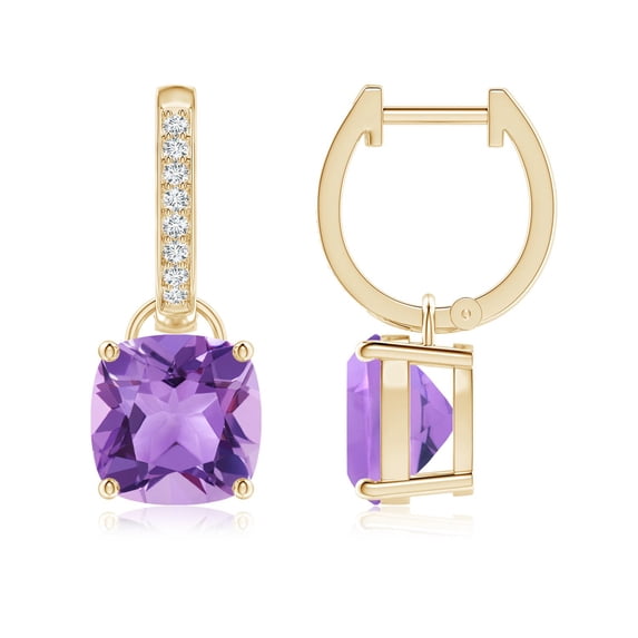 ANGARA Natural Cushion 4.4 ct Amethyst Drop Earrings with Diamonds in 14K Yellow Gold for Women (Size-8mm) | February Birthstone, Anniversary, Jewelry Gift for Women | Natural Amethyst Earrings