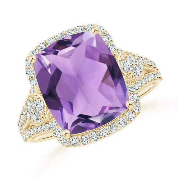 ANGARA Natural 4.6 ct Amethyst Split Shank Cocktail Ring with Pear Motif in 14K Yellow Gold for Women (Size-12x10mm) | February Birthstone, Anniversary, Jewelry Gift for Women | Natural Amethyst Ring