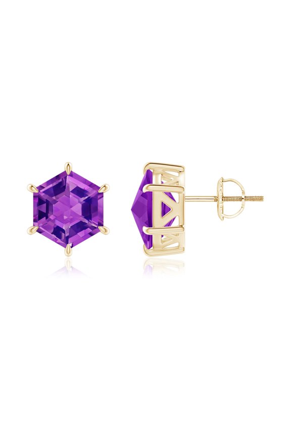 Natural Hexagonal Step-Cut 4 ct Amethyst Solitaire Studs in 14K Yellow Gold for Women (Size-8mm) | February Birthstone, Anniversary, Jewelry Gift for Women | Natural Amethyst Earrings