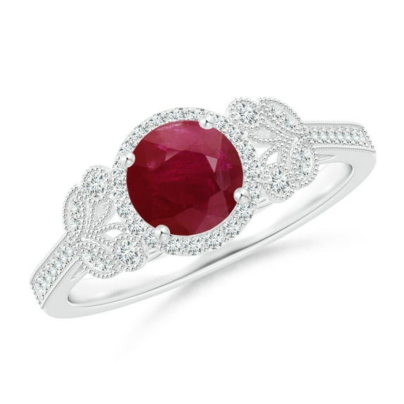 ANGARA Natural Aeon 1 ct Ruby Halo Leaf & Vine Engagement Ring with Milgrain in 14K White Gold for Women (Size-6mm) | July Birthstone, Anniversary, Jewelry Gift for Women | Natural Ruby Ring