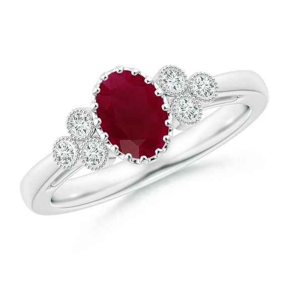 ANGARA Natural Aeon 1 ct Ruby Solitaire Milgrain Engagement Ring with Trio Accents in 14K White Gold for Women (Size-7x5mm) | July Birthstone, Anniversary, Jewelry Gift for Women | Natural Ruby Ring