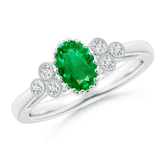 ANGARA Natural Aeon Emerald Solitaire Milgrain Engagement Ring with Trio Accents in 14K White Gold for Women (Size-7x5mm) | May Birthstone, Anniversary, Jewelry Gift for Women | Natural Emerald Ring