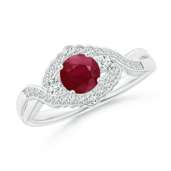 ANGARA Natural Aeon Ruby & Diamond Floral Halo Three Stone Engagement Ring in 14K White Gold for Women (Size-5mm) | July Birthstone, Anniversary, Jewelry Gift for Women | Natural Ruby Ring